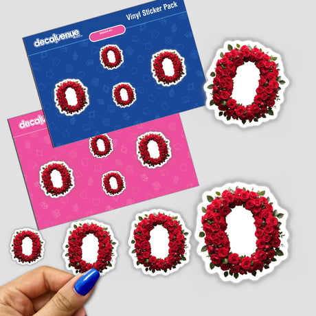 Elegant Floral Letter O Clipart - Downloadable Sticker with Commercial Rights featuring a hand holding a circular sticker adorned with intricate rose designs.