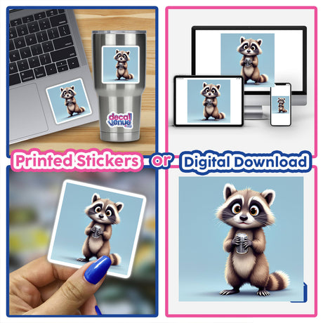 Adorable Raccoon Holding a Shiny Metal Can sticker on a laptop, showcasing a cute cartoon raccoon, available at Decal Venue as a unique vinyl sticker or digital artwork.