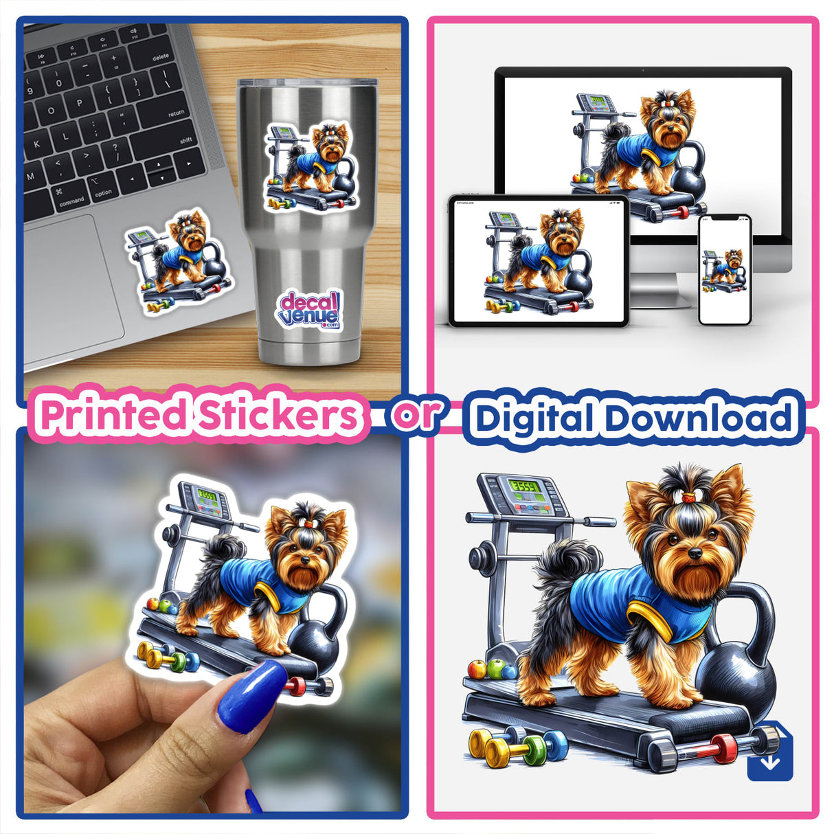 Yorkie Fitness Dog on Treadmill - Adorable digital artwork of a Yorkshire Terrier working out on a treadmill, with colorful fitness equipment around it.