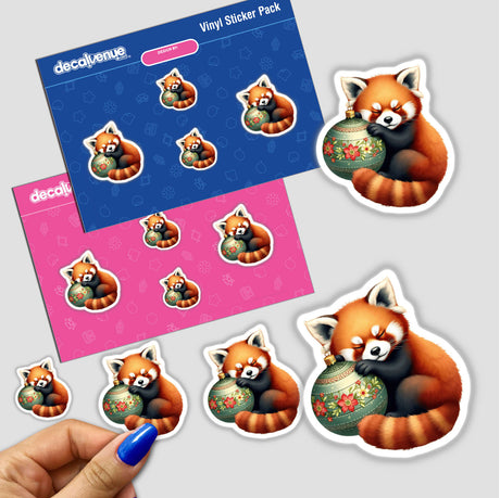 Red Panda Sleeping on Christmas Ornament sticker pack features cute red panda illustrations hugging ornaments, perfect for holiday decor or digital artwork from Decal Venue's unique collection.