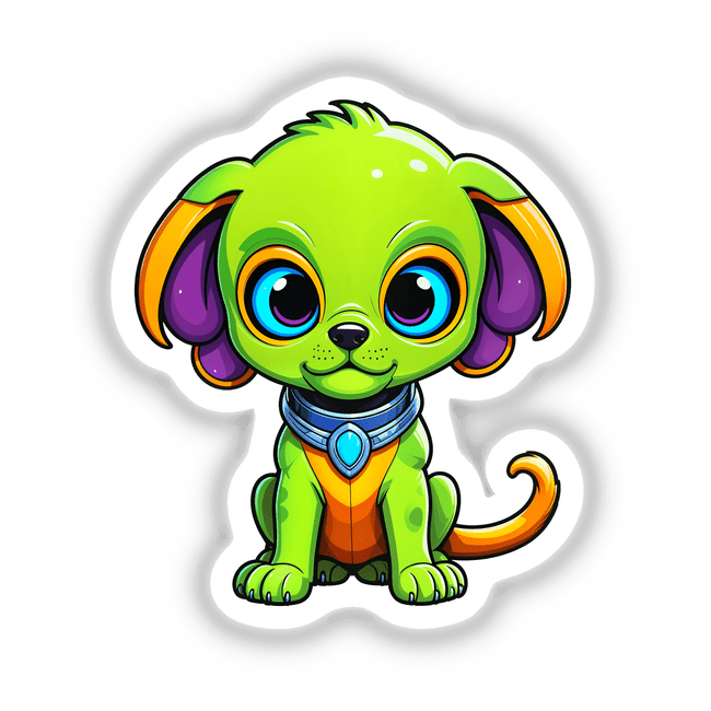 Cute Puppy From Outer Space: A whimsical cartoon of a green dog with big eyes, available as stickers or digital artwork, embodying Decal Venue's unique and playful design ethos.