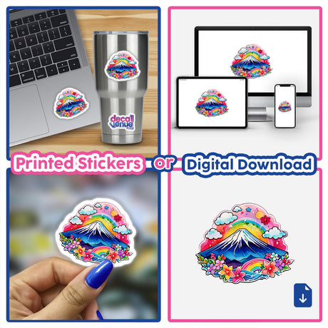 Rainbow Mt. Fuji Japan sticker collage featuring vibrant mountain scenery, flowers, and rainbows on laptops and cups, available as physical stickers or digital art from Decal Venue.