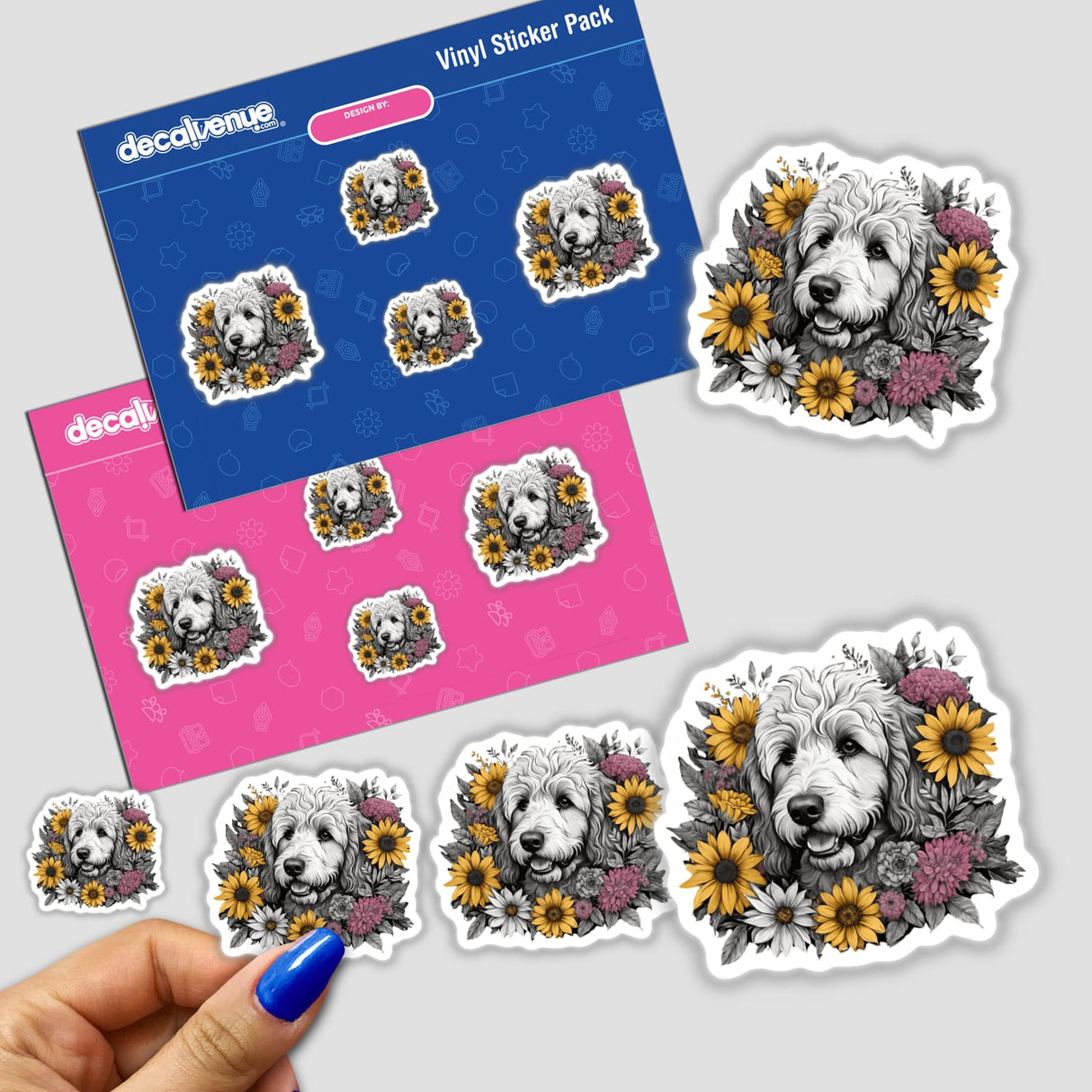 Vibrant floral-patterned digital artwork depicting adorable golden doodle dog portraits against a colorful background, showcasing the product's creative and artistic design.