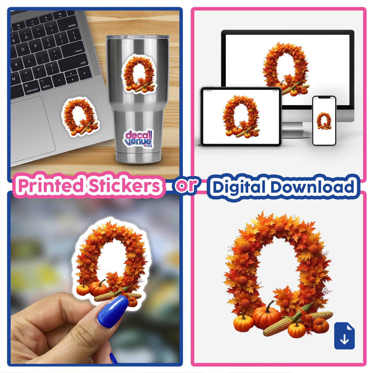 Thanksgiving Letter Q Clipart featuring fall leaves and pumpkins, shown as stickers and digital artwork, ideal for laptops and seasonal decorations.