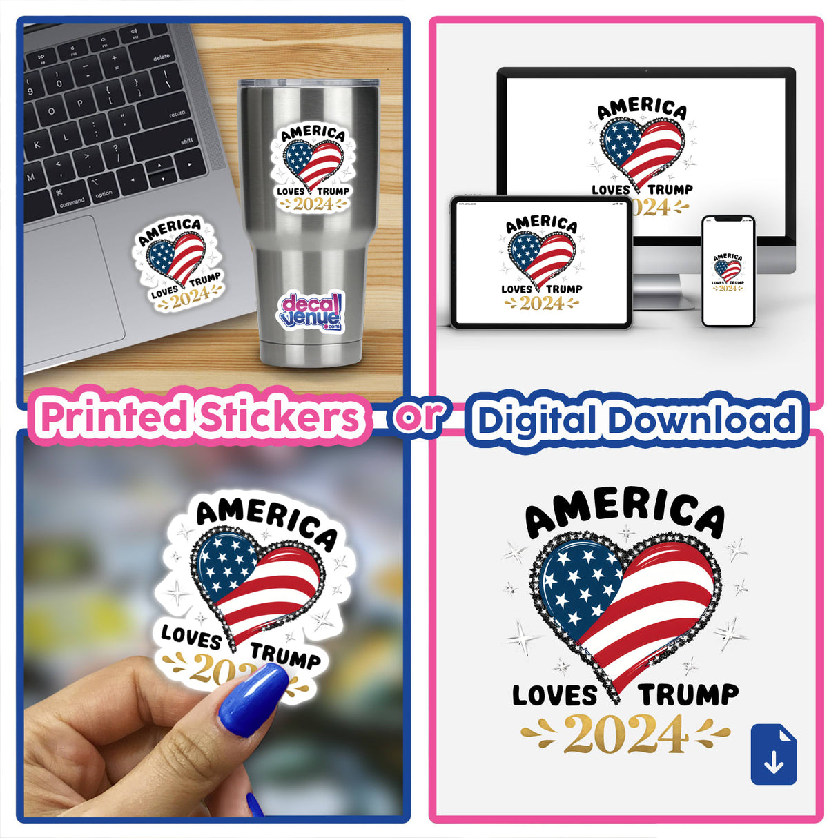 Vibrant digital artwork featuring an American flag-inspired heart icon with the text "America Loves Trump 2024" displayed on various digital and physical products.