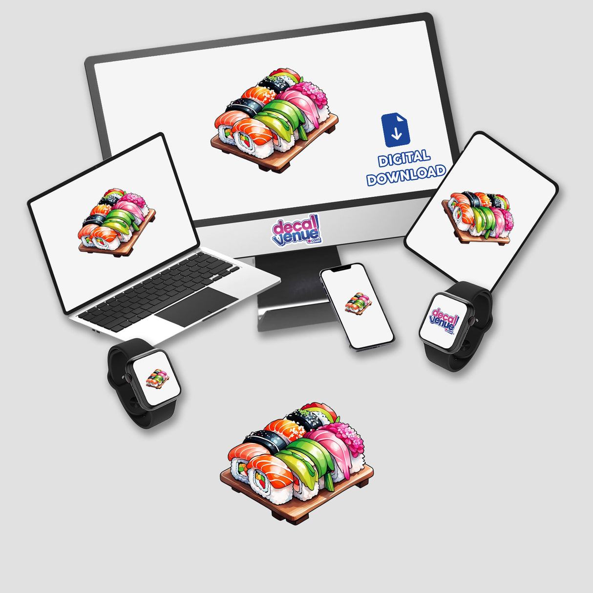 Sushi Feast: Plate of Sushi depicted on a computer monitor, laptop, phone, and smartwatch, available as stickers or digital artwork from Decal Venue.