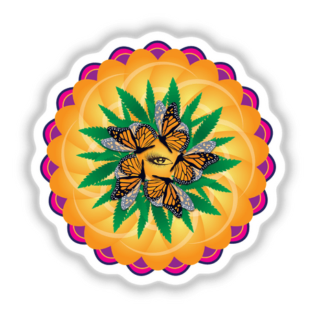 Vibrant digital artwork with butterfly motif on cannabis leaf