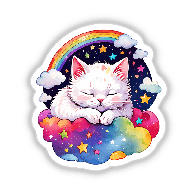 Dreamy Cat: Sleeping on a Cloud in the Night Sky with Stars, available as stickers or digital artwork, featuring a cartoon cat peacefully resting on a cloud amidst stars and a rainbow.