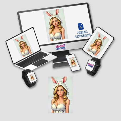 a computer, cell phone, and laptop with a picture of a woman in bunny