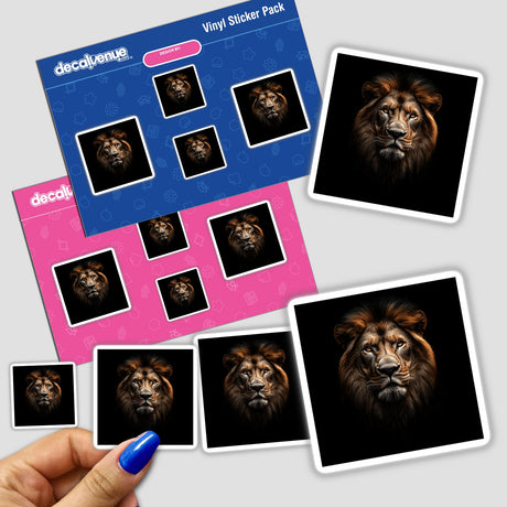 Hand holding a sticker pack featuring a cinematic lion portrait on a black background, available as stickers or digital artwork from Decal Venue.