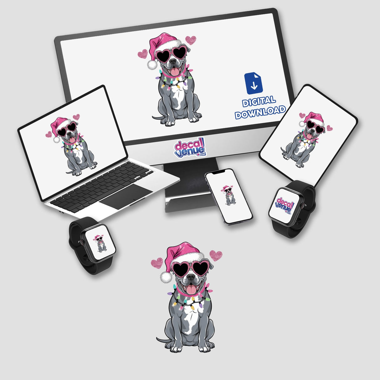 Christmas Santa Pink Pitbull Bully Dog in Lights depicted on a computer monitor and laptop, showcasing the festive canine wearing sunglasses and a Santa hat, available as stickers or digital artwork.