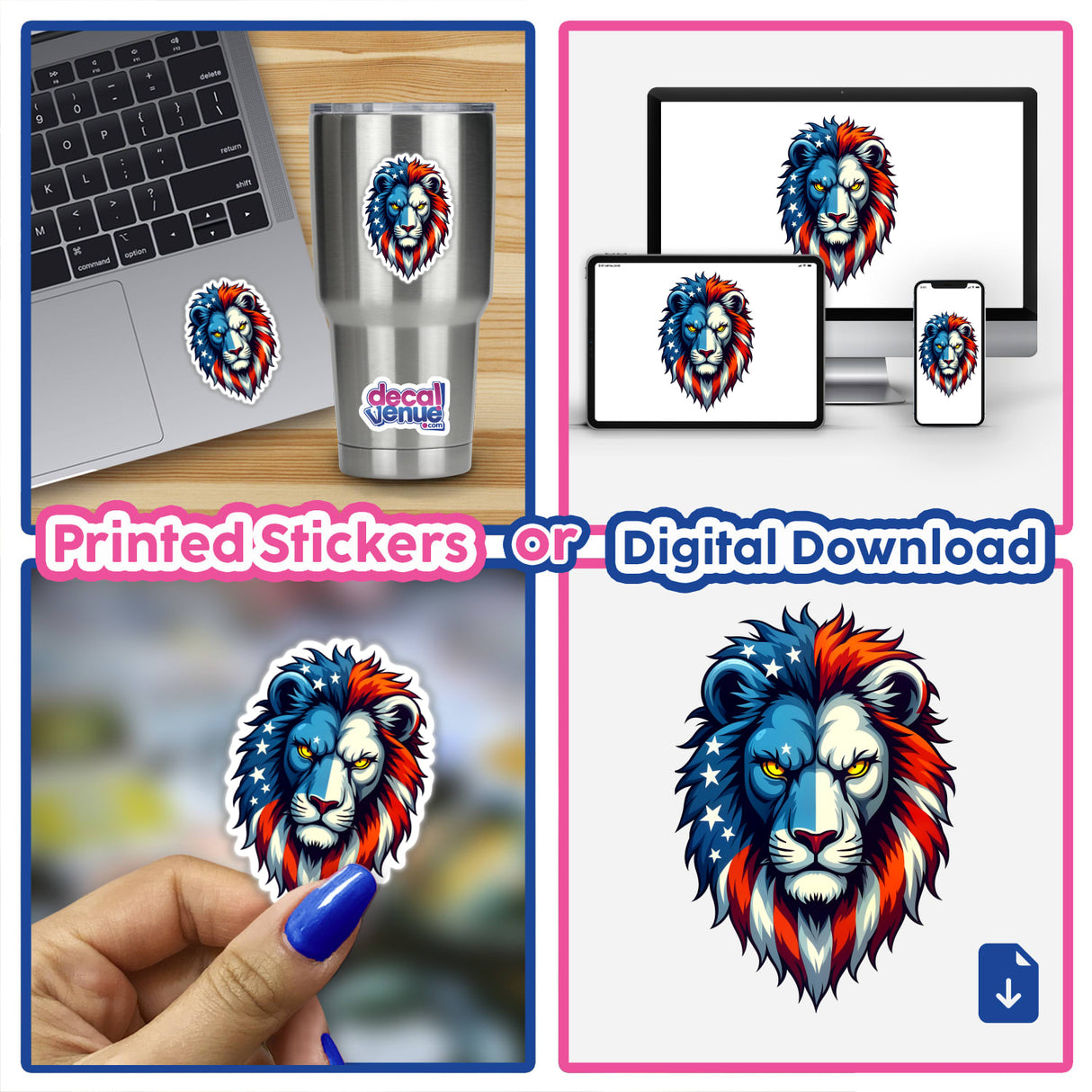 Collage featuring A Cool American Flag Lion as stickers or digital artwork, displayed on a laptop and a cup, showcasing unique designs available at Decal Venue.