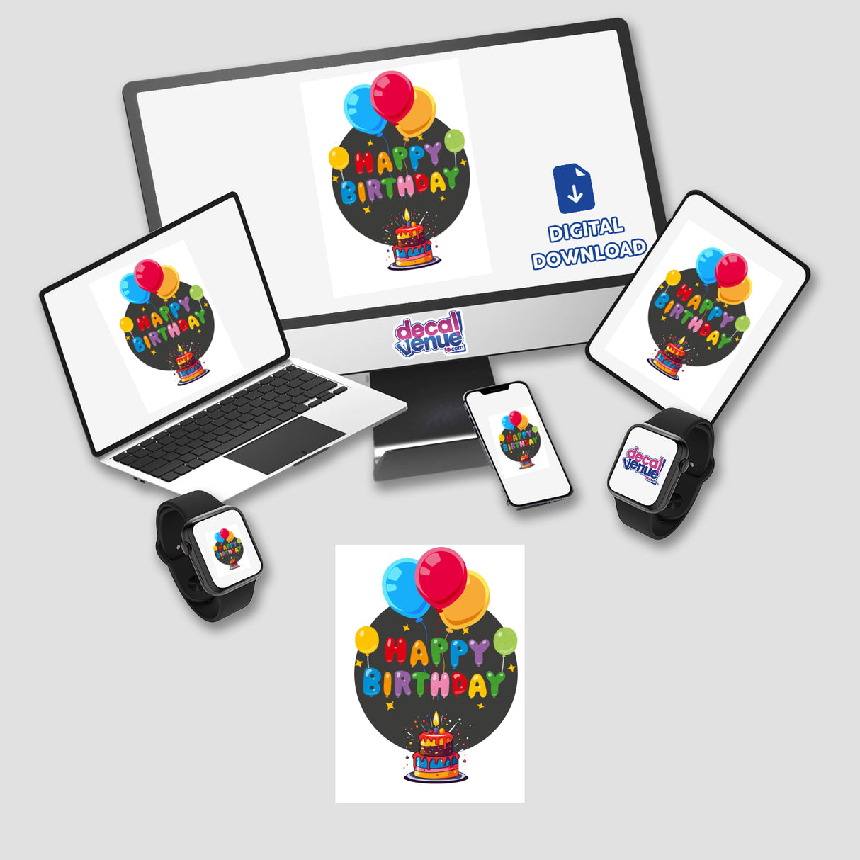 Happy Birthday with Balloons digital artwork displayed on a computer monitor and laptop, featuring festive balloons and a birthday cake. Available as stickers or digital art from Decal Venue.