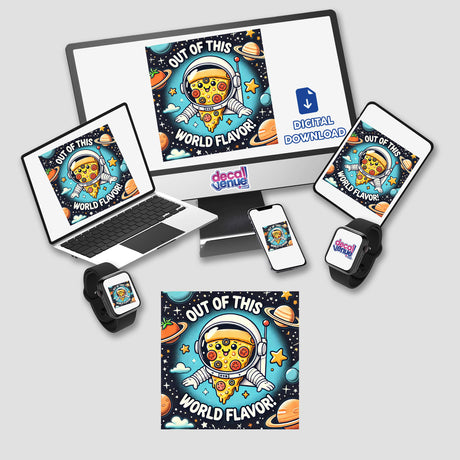 Pizza Planet - Out of this world flavor: A cartoon pizza astronaut displayed on a computer monitor and laptop, available as stickers or digital artwork from Decal Venue.