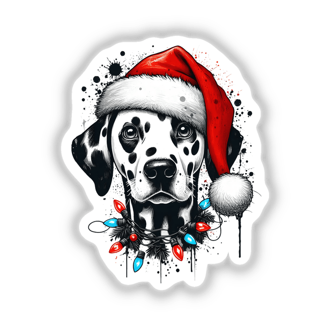 Tangled Lights Dalmatian Dog Santa: A cute Dalmatian wearing a Santa hat with tangled lights, available as stickers or digital artwork.