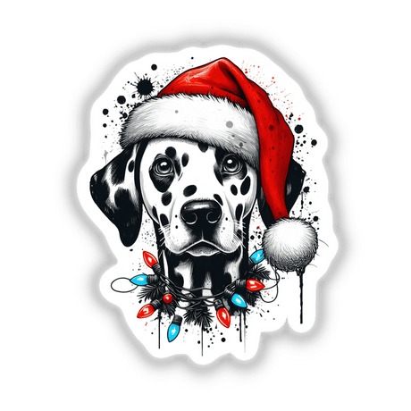 Tangled Lights Dalmatian Dog Santa: A cute Dalmatian wearing a Santa hat with tangled lights, available as stickers or digital artwork.