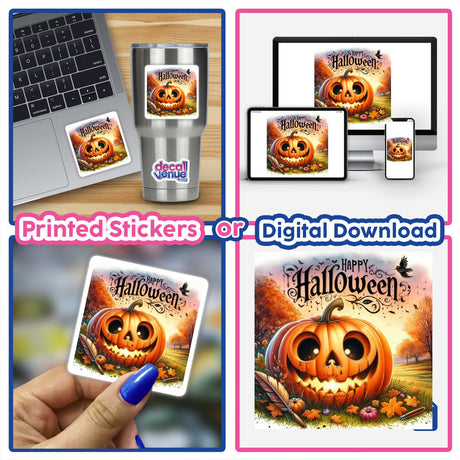 Bronze Halloween Series 2: A vibrant collage featuring stickers of smiling pumpkins, laptops with decals, mugs, and hands holding cards. Available as stickers or digital artwork.