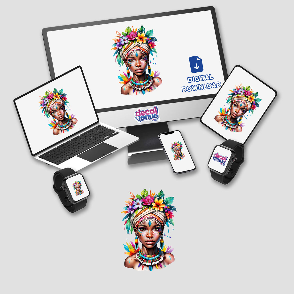 Vibrant African Tribal Woman Sticker - Mesmerizing Floral Headdress Portrait displayed on a computer monitor and laptop, showcasing a woman with colorful makeup and flowers in her hair.