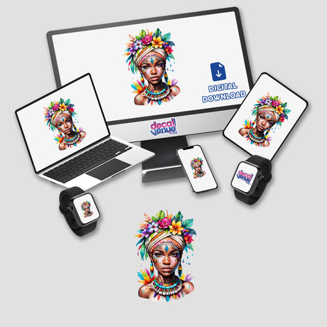 Vibrant African Tribal Woman Sticker - Mesmerizing Floral Headdress Portrait displayed on a computer monitor and laptop, showcasing a woman with colorful makeup and flowers in her hair.