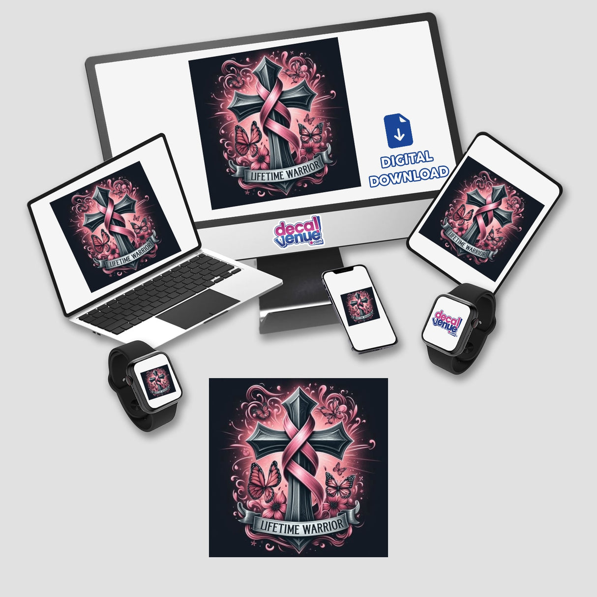 Gold Breast Cancer Series 7: A laptop and monitor displaying pink crosses with butterflies, available as stickers or digital artwork.