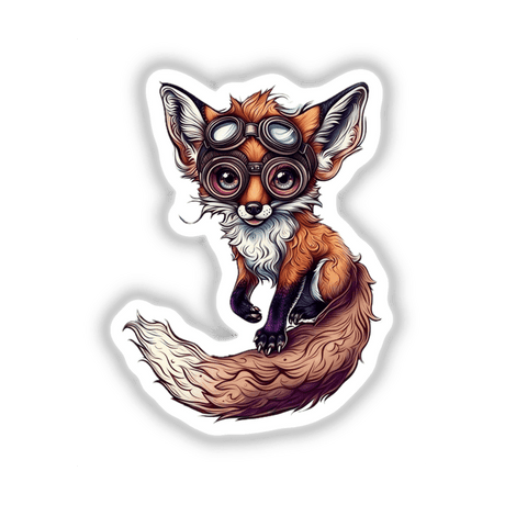 Whimsical Fox with Goggles and Swirling Clouds depicted in a playful cartoon style, available as stickers or digital artwork, showcasing the unique charm of Decal Venue's collection.