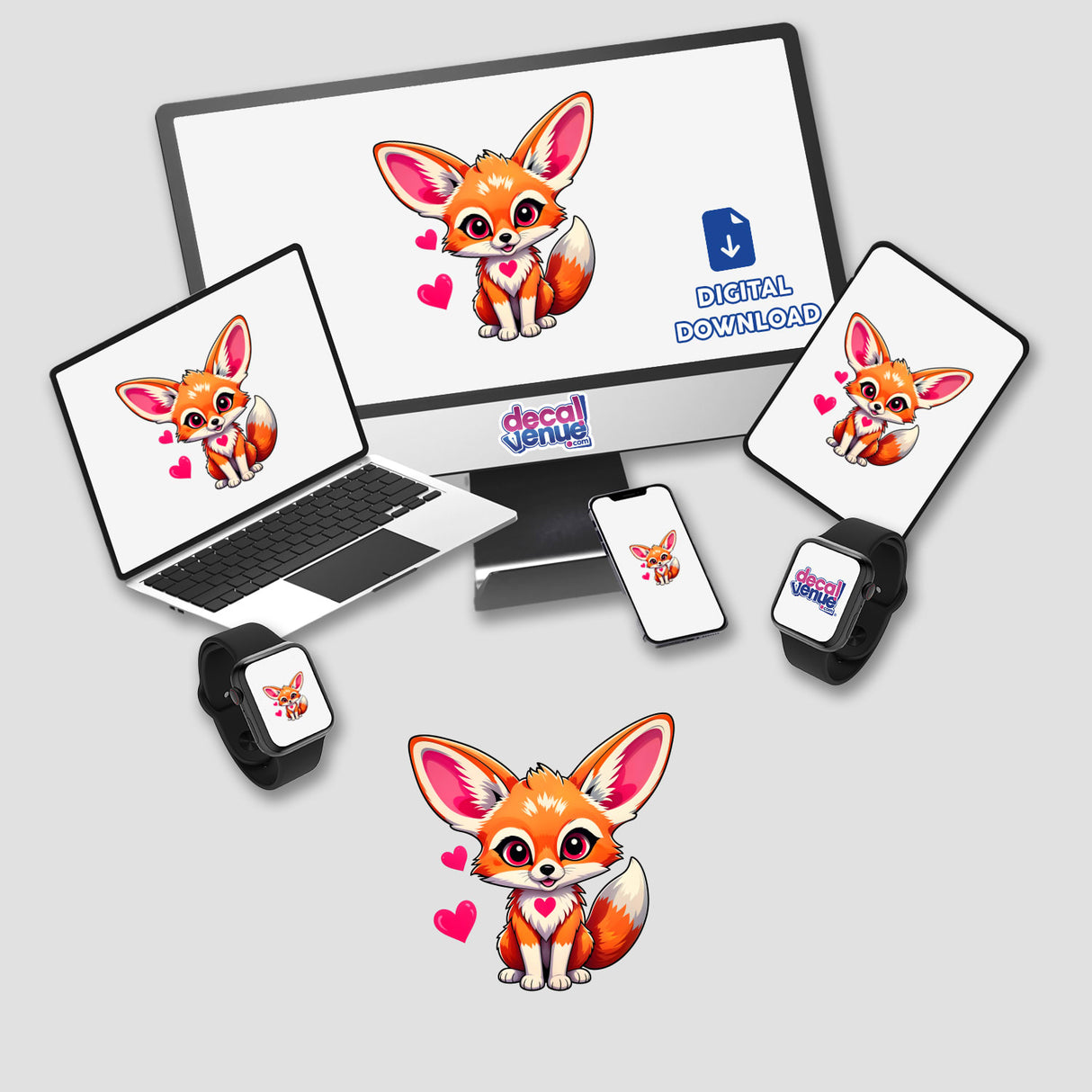 A Cute Fennec Fox With Love Hearts displayed on various screens, including a laptop and monitor, available as stickers or digital artwork from Decal Venue.