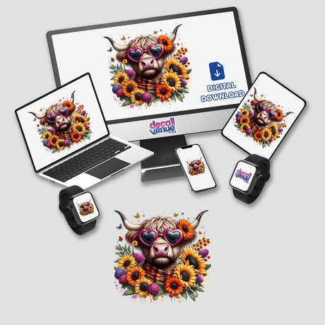 Highland Cow in Sunflowers digital artwork displayed on a laptop, phone, and tablet. The cow wears sunglasses and flowers, showcasing Decal Venue's unique stickers and digital art offerings.