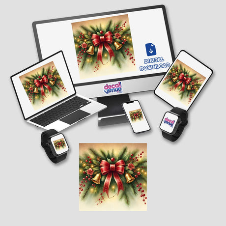 Holiday Garland - Evergreen Boughs with Red Bows Watercolor displayed on a computer monitor and laptop. Available as Stickers or Digital Artwork. Christmas theme with wreaths, bells, and festive decorations.