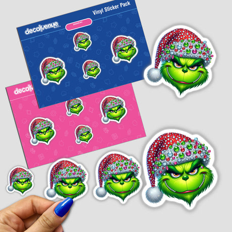 Bling Green Grouch Christmas Santa sticker featuring a cartoon character with a gem-adorned hat, available as part of Decal Venue's unique sticker and digital art collection.