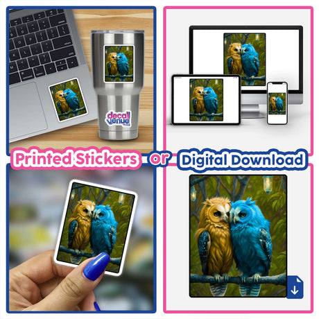 Collage featuring Blue and Yellow Owls artwork on a laptop and phone, available as stickers or digital art, highlighting unique designs from Decal Venue.