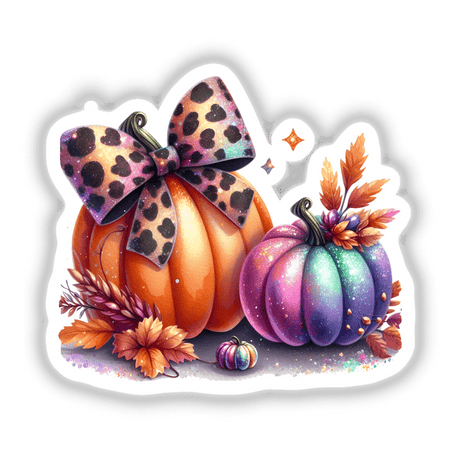 Colorful digital artwork depicting vibrant pumpkins adorned with a leopard-print bow, surrounded by autumn leaves and flowers.