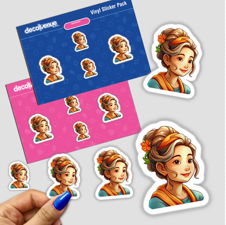 Colorful digital artwork stickers depicting a young woman with a messy bun hairstyle, surrounded by different facial expressions and poses of the same character. The stickers are presented on a pink and blue Decal Venue branded background, showcasing the product's availability as a digital download.