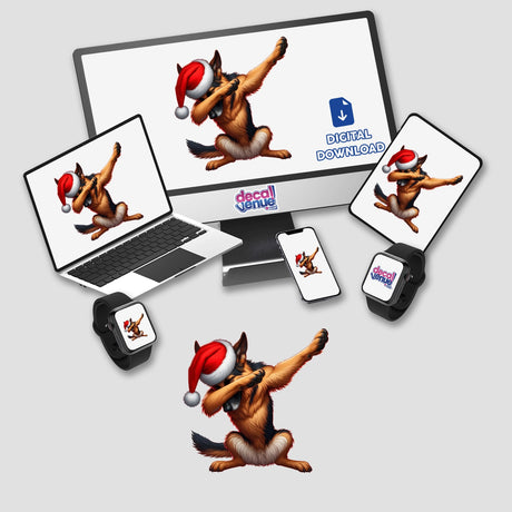 Dabbing German Shepherd in Santa Hat featured on computer and tablet screens, showcasing its playful digital artwork form. Available as stickers or digital art at Decal Venue.