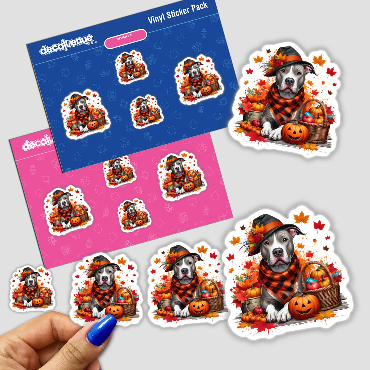 Autumn Fall Scene Pitbull Dog sticker featuring a cartoon dog in a hat and scarf, surrounded by pumpkins and leaves, highlighting the season's charm. Available as stickers or digital artwork.