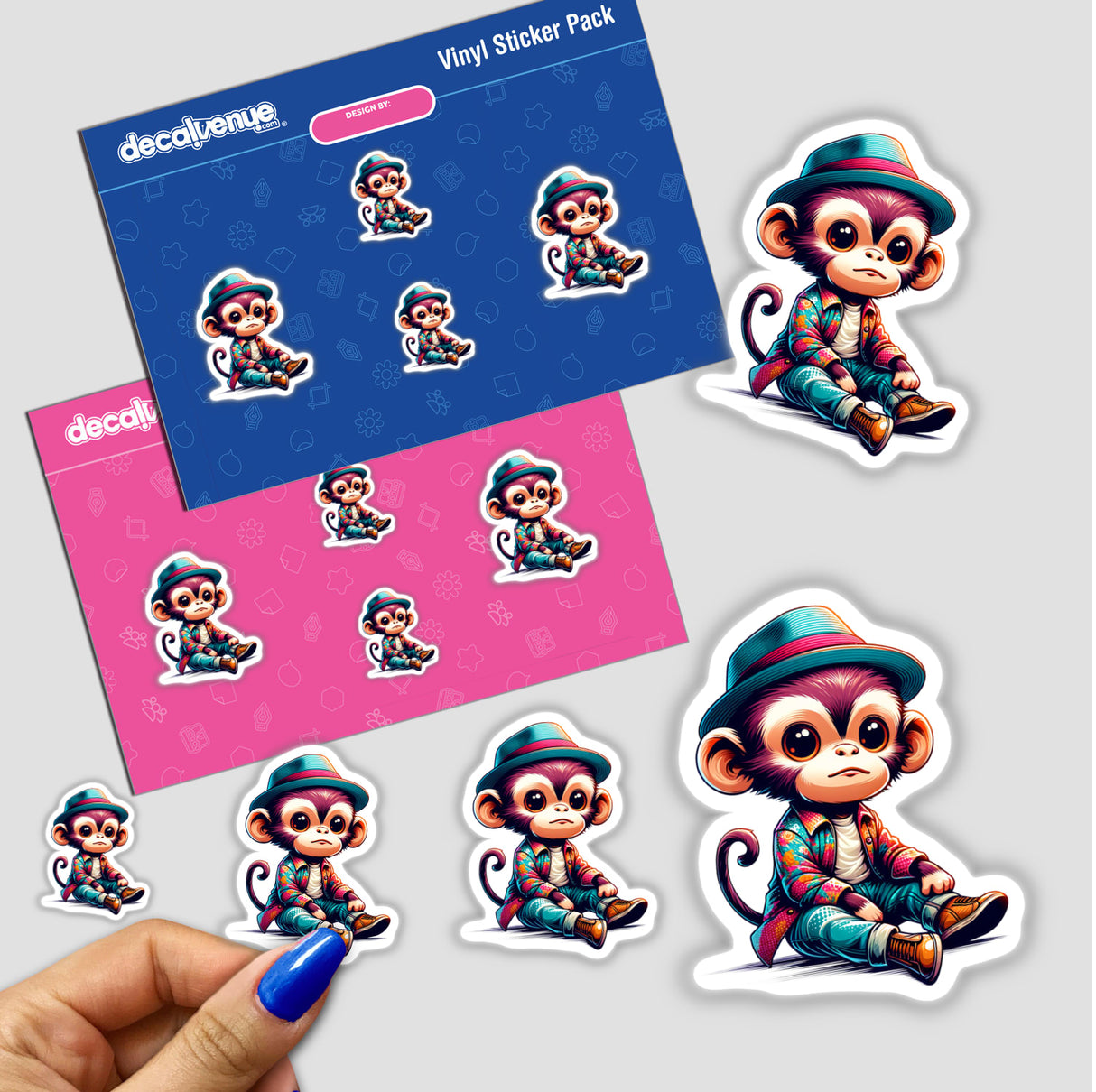 Fashionable Monkey sticker featuring a cartoon monkey in various poses, perfect for decorating surfaces or as digital artwork.