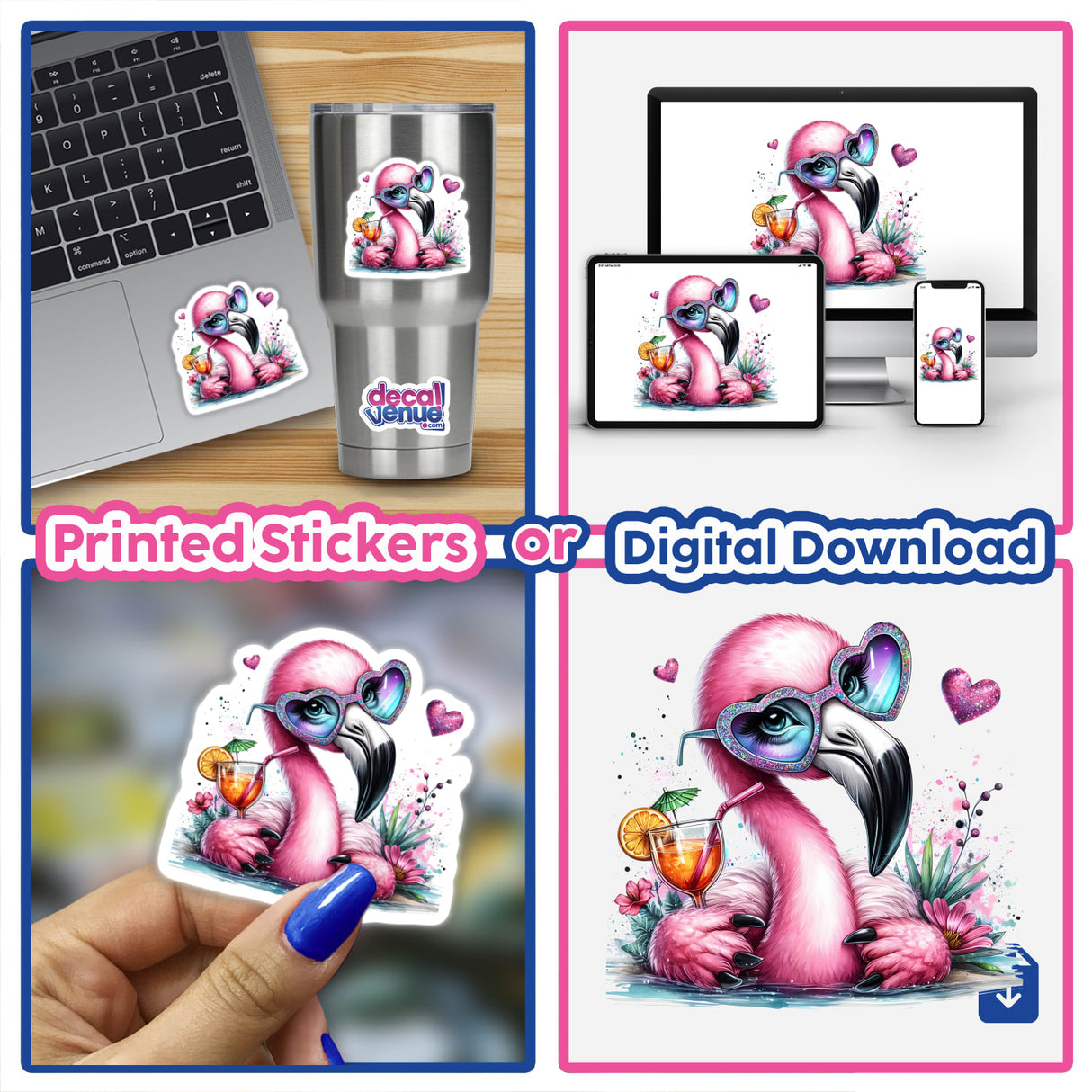 Artistic flamingo bird relaxing in water and holding a tropical drink, surrounded by vibrant designs and illustrations, available as printed stickers or digital downloads.