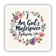 Christian faith-based sticker or clipart titled I Am God's Masterpiece - Ephesians 2:10 featuring a floral wreath with handwritten text, available as stickers or digital artwork.