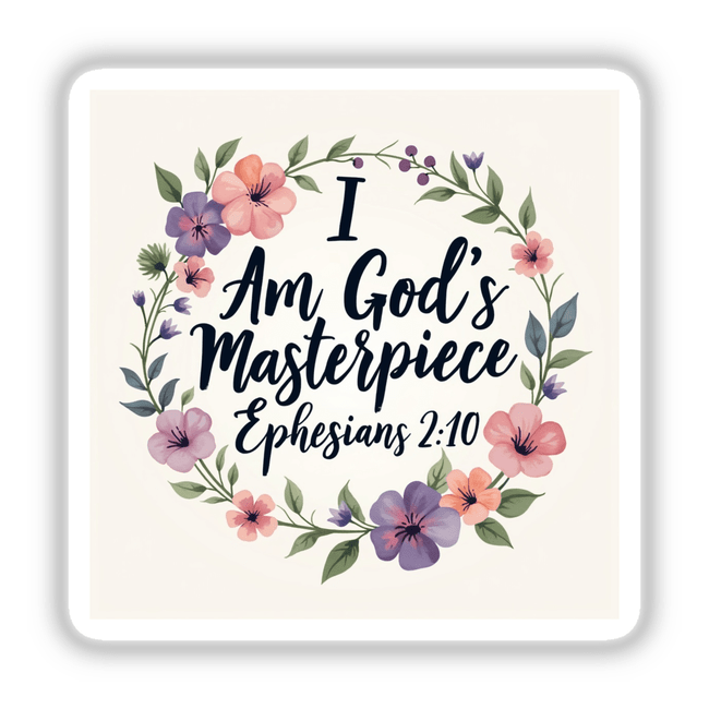 Christian faith-based sticker or clipart titled I Am God's Masterpiece - Ephesians 2:10 featuring a floral wreath with handwritten text, available as stickers or digital artwork.