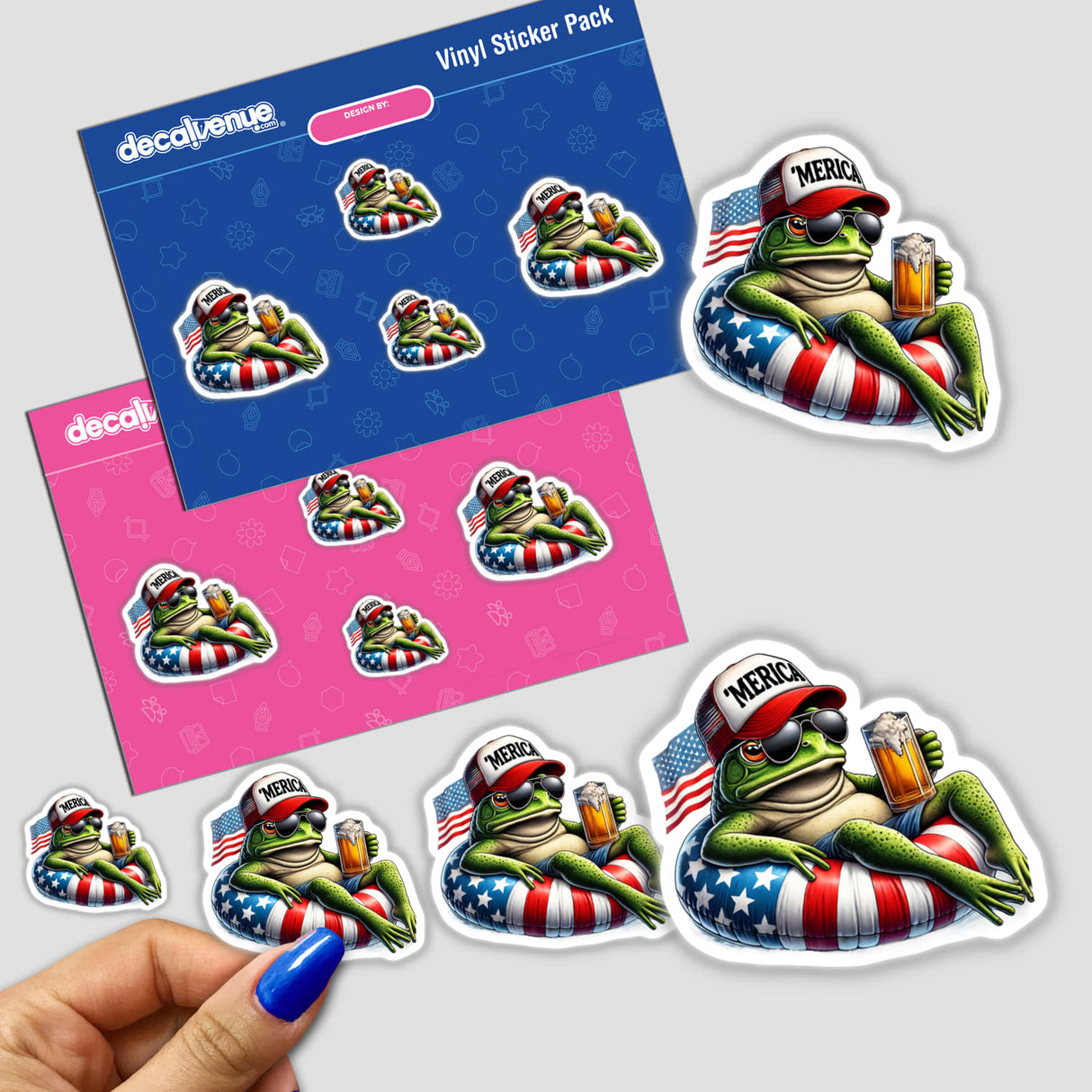 Sticker pack featuring cartoon frogs on floats, including one with a hat and sunglasses, and another holding a beer, titled Bullfrog American Flag Float Merica.