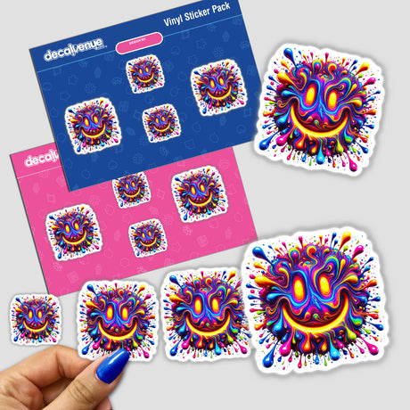 Psychedelic Melting Smile sticker featuring vibrant, colorful drip paint design, available as stickers or digital artwork. Perfect for adding a unique, artistic touch to your collection from Decal Venue.