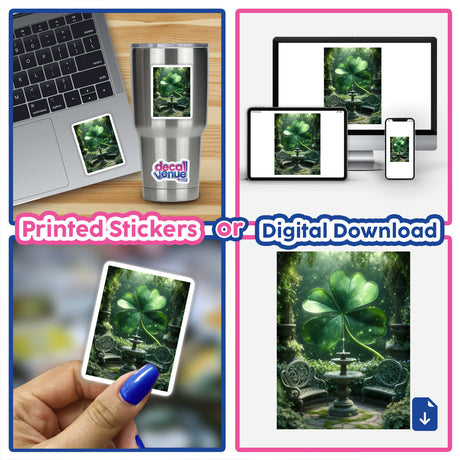 Mystical Shamrock Garden – Glowing Four-Leaf Clover in an Enchanted Courtyard: a collage featuring a laptop displaying clover imagery and a silver mug with a fountain and clover design.