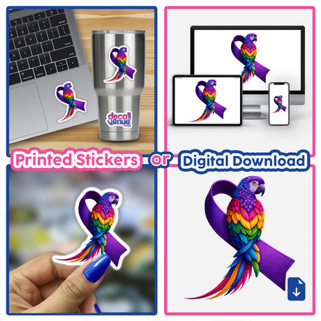 Parrot Purple Ribbon Alzheimers sticker or digital artwork featuring a vibrant parrot with a purple ribbon, ideal for decorating laptops.