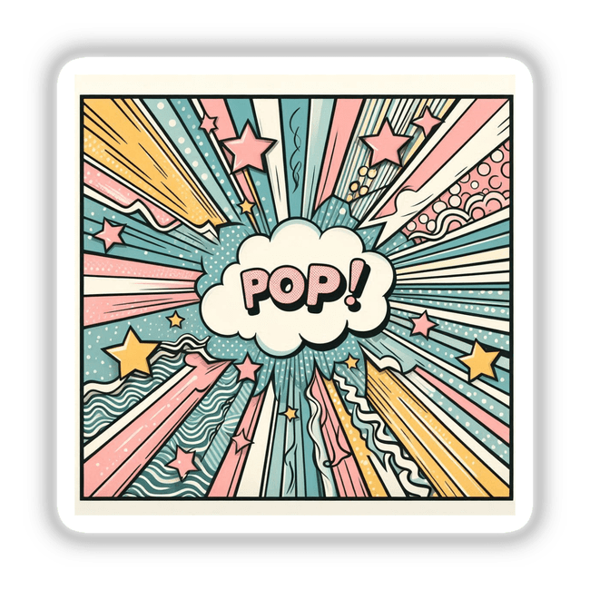 Pastel pop artwork featuring a cartoon explosion with colorful stars and clouds, available as stickers or digital artwork.