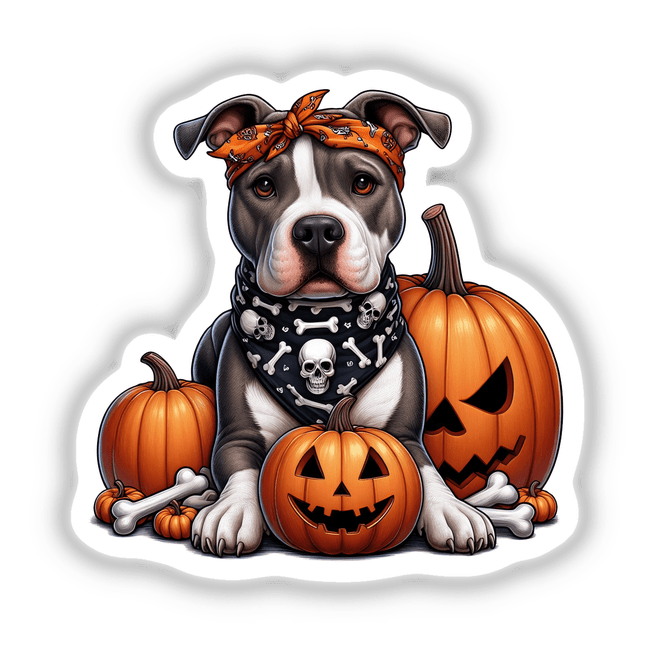 Skull Bandana Trick or Treat Pitbull Dog II: A dog wearing a skull-print bandana sits beside pumpkins, one with a matching bandana, perfect for Halloween-themed stickers or digital artwork.