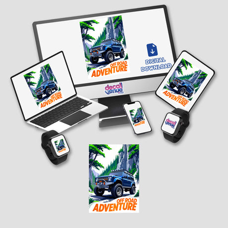 Off Road Adventures 4x4 Car stickers or digital artwork featuring a blue jeep with large tires, displayed on a laptop and phone screen, ideal for vehicle enthusiasts.