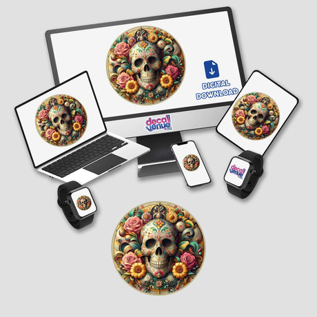 Day of the Dead-themed stickers or digital artwork featuring intricate skulls adorned with flowers, displayed on various devices, highlighting Decal Venue's unique artistic style.