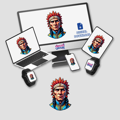 A Native American Warrior Chief cartoon illustration displayed on a laptop and monitor, available as unique stickers or digital artwork from Decal Venue.