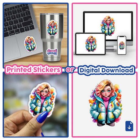 Collage showcasing the Colorful Puffer Jacket Woman: Vibrant Sticker Design, featuring a cartoon girl with pink hair and a blue coat, displayed on various items like a laptop and a cup.