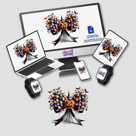 Colorful Halloween-themed digital artwork featuring a pumpkin-shaped bouquet of flowers and leaves in various devices including a laptop, smartphone, and smartwatch. The image showcases the product's versatility and is suitable for use as stickers or digital downloads.