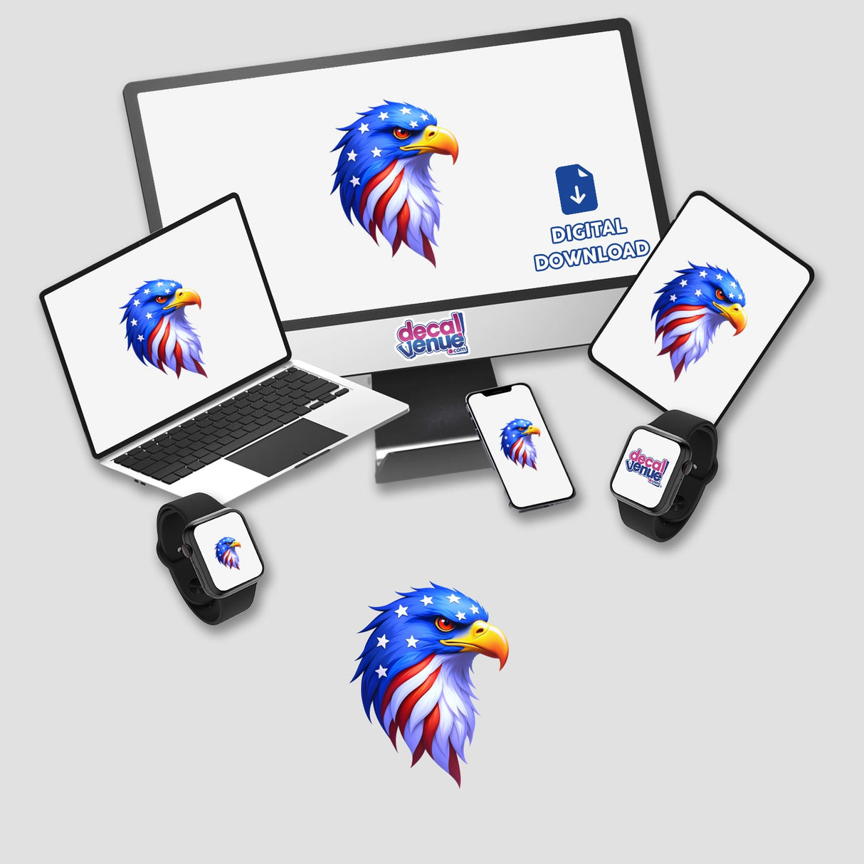 A Cool American Flag Eagle design displayed on a computer monitor and laptop, available as stickers or digital artwork, featuring a cartoon bird with stars.